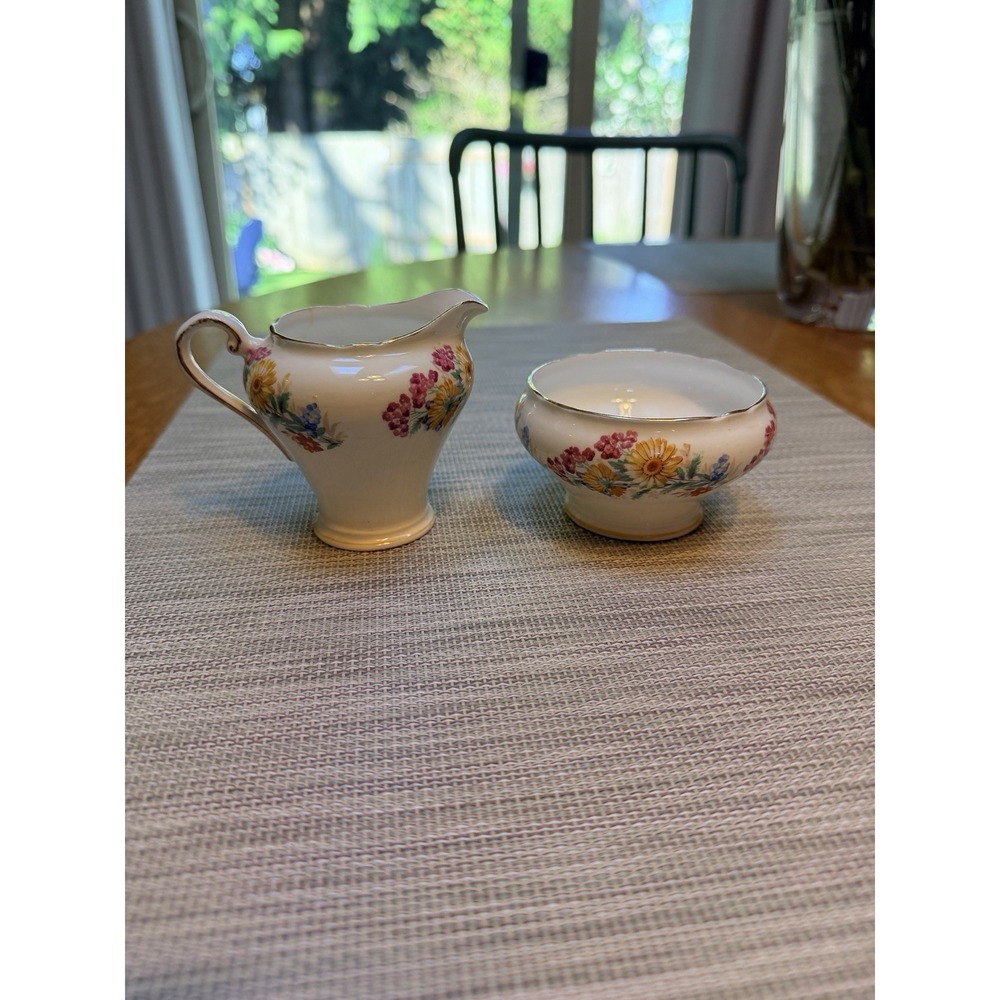 Vtg Aynsley Bone China Summer Floral Open Sugar & Creamer Set England